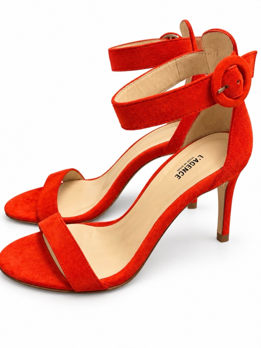 L'AGENCE Cherry Red Suede Ankle-Strap Stiletto Sandals